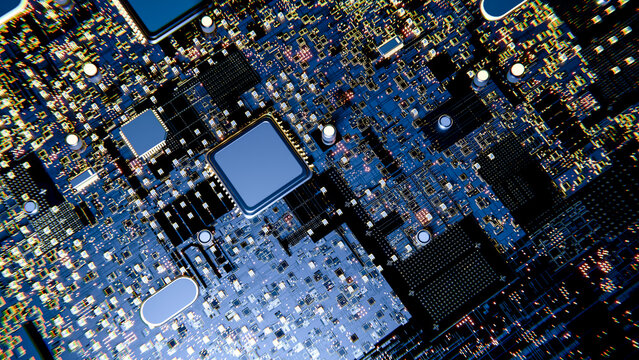 Digital illustration of a computer circuit board with microchips