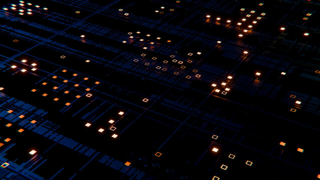 Digital circuit board with glowing lights and intricate circuitry