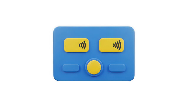 Blue digital terminal device with yellow buttons for wireless payment and contact technology.