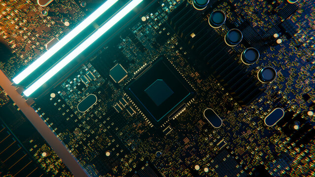 Close-up of a computer chip on a circuit board illustration