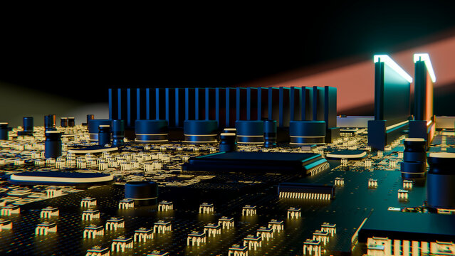 Close-up illustration of computer chip and circuit board components