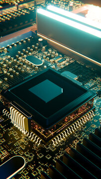 Microprocessor chip on circuit board in detailed digital illustration