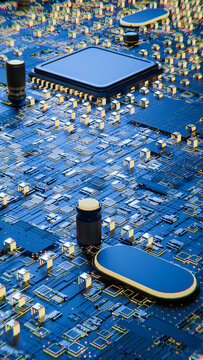 Close-up of semiconductor chip on blue printed circuit board