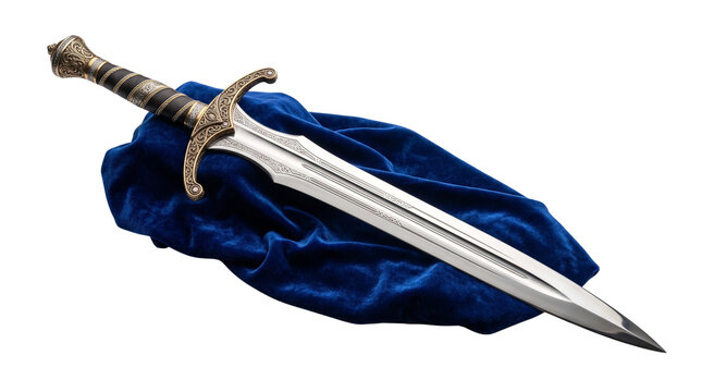 Medieval broadsword on blue velvet cloth, vintage steel knight sword, ornate fantasy dagger for historical cosplay and display isolated PNG with Transparent Background