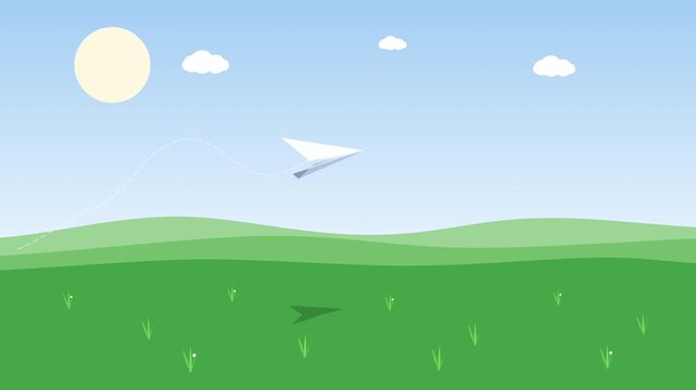 pixel art paper airplane flying over green landscape, retro video game animation loop