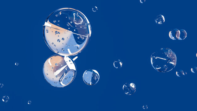 Transparent bubbles floating on a blue background with reflections