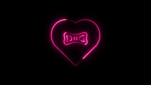 Glowing pink neon heart shape with a cute bow inside on a dark background