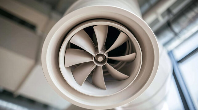 Airflow Ventilation System: Close-up of a beige industrial fan with curved blades inside a cylindrical housing, set in a modern building interior.