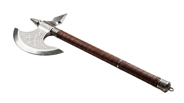 Medieval battle axe with engraved steel blade, ancient double headed war hatchet, metallic fantasy weapon prop isolated PNG with Transparent Background