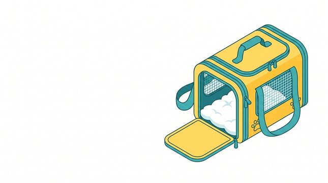 Isometric pet carrier bag illustration. Yellow and turquoise animal transport crate with soft cushion inside. Vector graphic icon