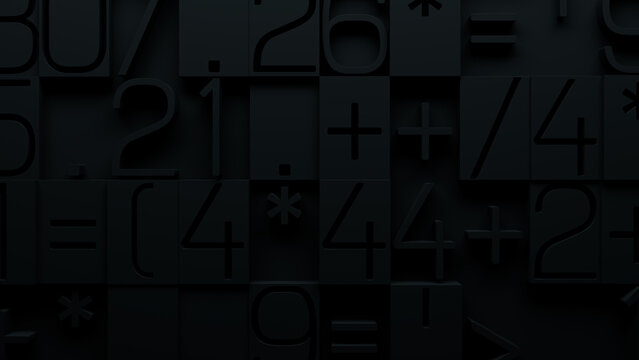 Close-Up of Textured Dark Surface with Embossed Mathematical Symbols and Numbers Including Fractions and Operators, Creating a Tactile 3D Effect for Educational and Software Development Applications