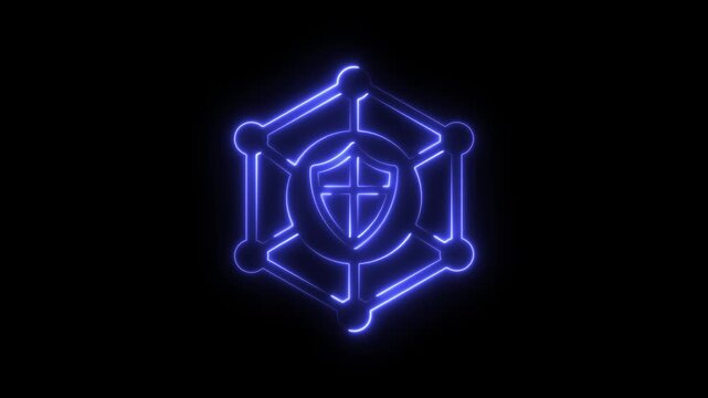 Glowing blue shield icon inside a digital hexagon network structure representing cyber security and data protection