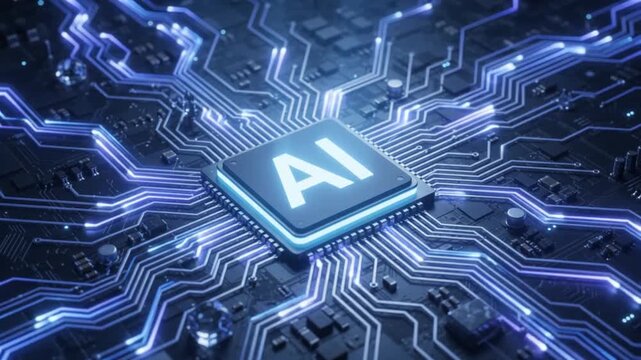 Surreal Mystical Artificial Intelligence AI Microchip with Glowing Data Streams on Futuristic Circuit Board Technology