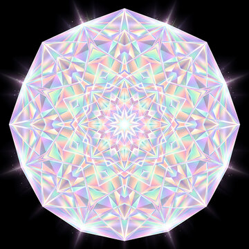 Iridescent geometric kaleidoscope pattern on black background