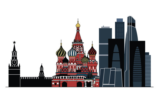 Detailed silhouette of Moscow city skyline featuring St Basils Cathedral, Kremlin walls, and modern skyscrapers.