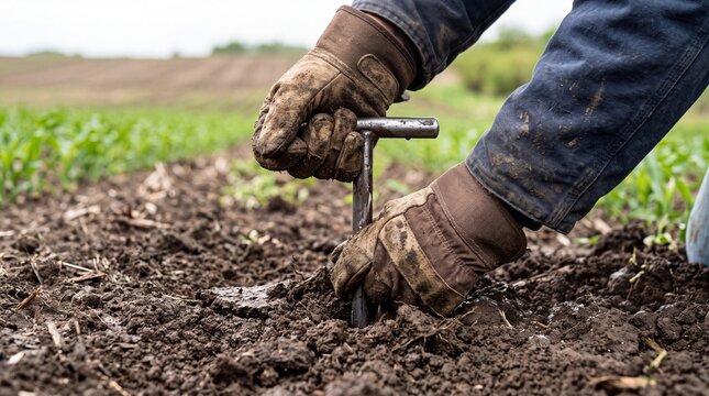 A farmer using a soil probe tool to test soil quality in a field.