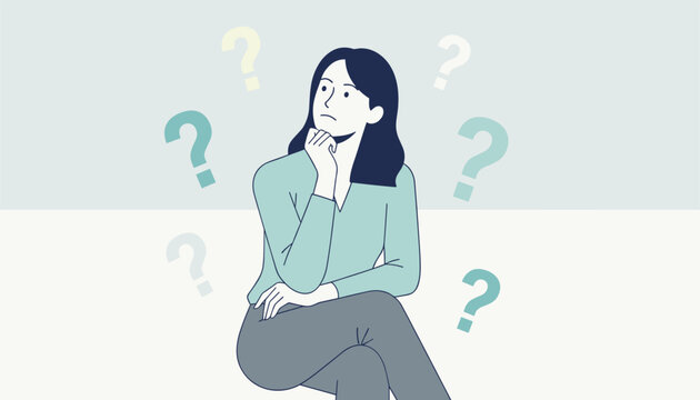 Puzzled and confused young woman thinking deeply with question mark symbols floating around her on plain background.
