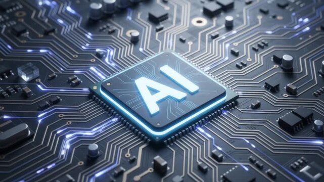 Surreal Mystical Artificial Intelligence AI Microchip with Glowing Data Streams on Futuristic Circuit Board Technology