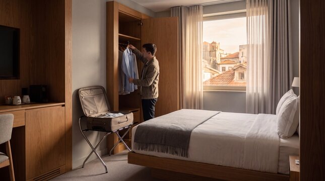 Traveler Unpacking Suitcase on Luggage Rack in Compact Hotel Room