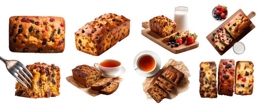 Set of traditional moist sweet fruitcake fruit cake loaf, with candied, dried fruit nut spices citrus, serving board with milk fruits berries, parchment paper with tea, transparent cutout PNG Mockup