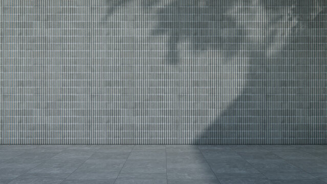 Blank Fluted Concrete Block Wall and Tiled Floor in Diagonal Sunlight External Area Location with Branch Shadows. Urban Renewal Concept with copy-space.
