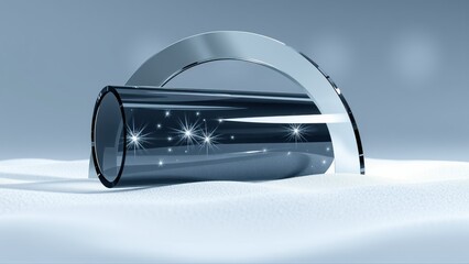 Fototapeta premium Futuristic display shows stars. Shiny metal arc supports curved screen. Minimalist scene, cool tones dominate composition.