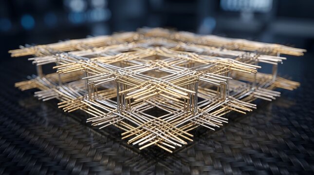 Intricate Golden Metallic Grid Mesh Structure on Carbon Fiber Texture Background
