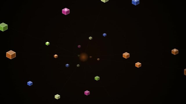 Colorful cubes floating in a looping network pattern