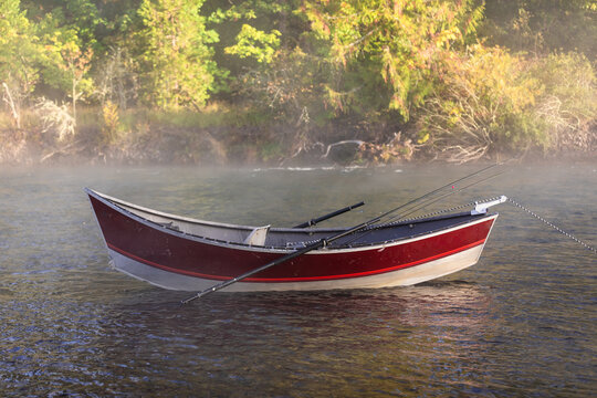 Anchored drift boat in the Willamette River in Oregon