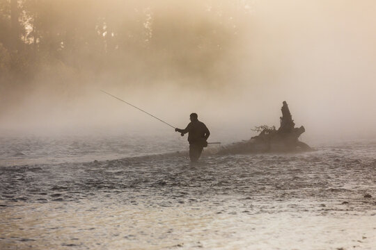 Fly fisherman casting near a snag in a river