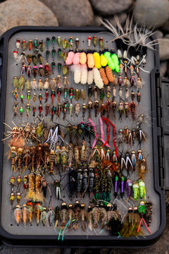 Fly fishing box of flies detail shot