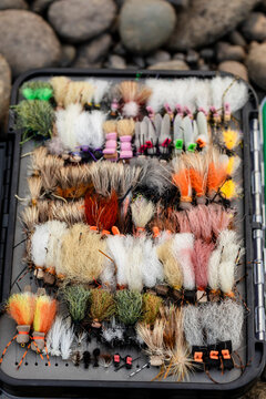 Fly fishing box of flies detail shot