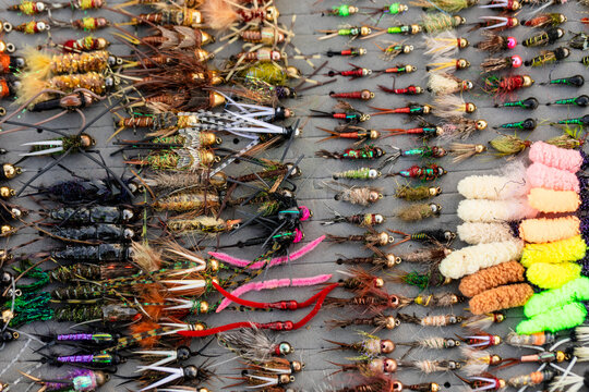 Fly fishing box of flies detail shot