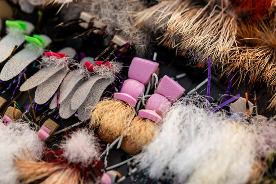 Fly fishing box of flies detail shot