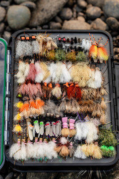 Fly fishing box of flies detail shot