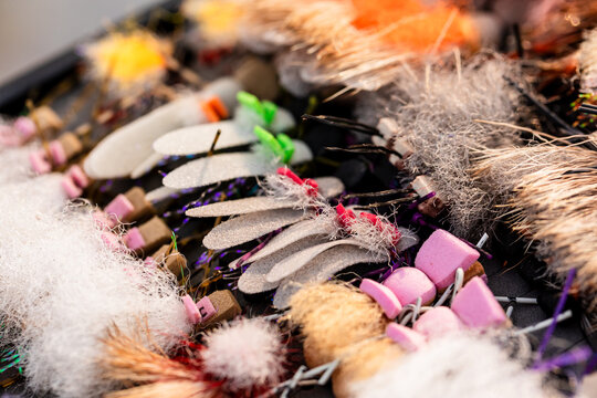 Fly fishing box of flies detail shot