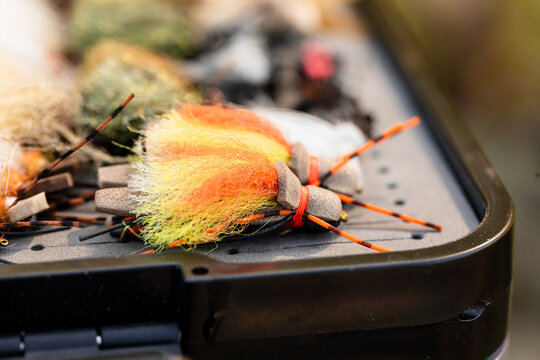 Fly fishing box of flies detail shot