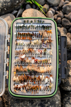 Fly fishing box of flies detail shot