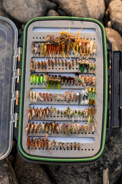 Fly fishing box of flies detail shot