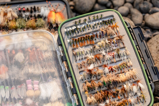 Fly fishing box of flies detail shot