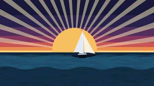Pixel art sailboat sailing on ocean waves at sunset with glowing sun rays