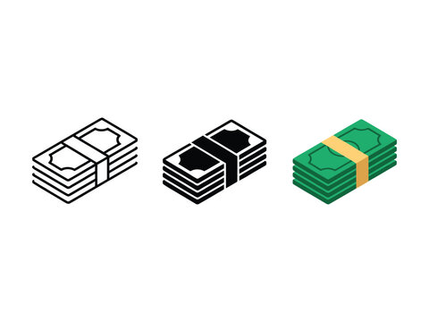 Isometric money stack vector icons. Green cash bundles and black line art currency set. Financial wealth and banking symbols for business apps.

