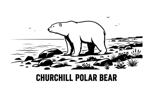 Very beautiful black and white vector illustration of a polar bear standing on the Hudson Bay shoreline near Churchill with Arctic vegetation and northern landscape, CHURCHILL POLAR BEAR, isolated on 