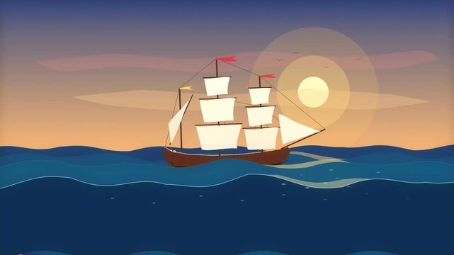 pixel art sailing ship animation on ocean waves at sunset