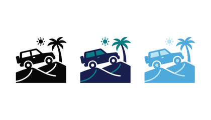 Set of offroad vehicle icons driving on sand dunes with palm tree and sun, vector illustration design elements for travel and adventure themes © Mahir