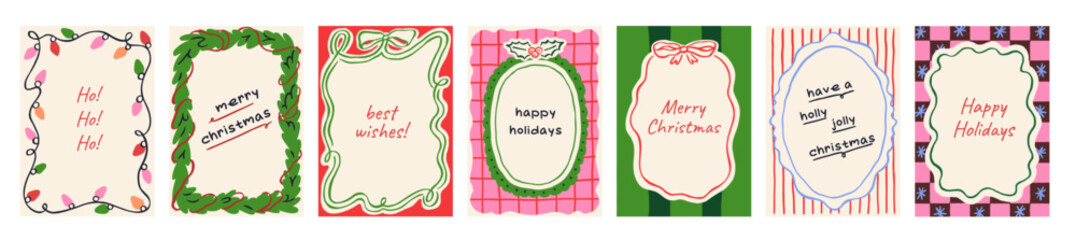 Obraz na płótnie Canvas Christmas cards, backgrounds with patterns, frames. Christmas poster designs, frames and borders from whimsical doodle bow, wavy drawing border, stripe and checkered patterns. Vector illustrations set