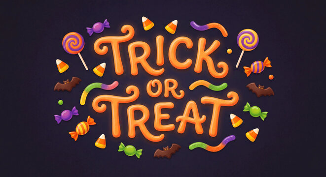 Trick or treat Halloween candy lettering with lollipops and gummy worms on dark purple
