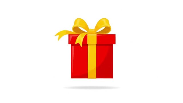 A clean 2D vector animation of a simple red gift box with a bright yellow ribbon and neatly shaped bow centered on a pure white background