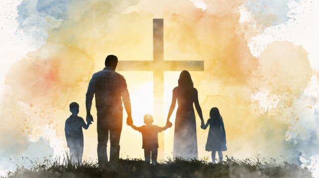 Christian family standing before cross silhouette watercolor