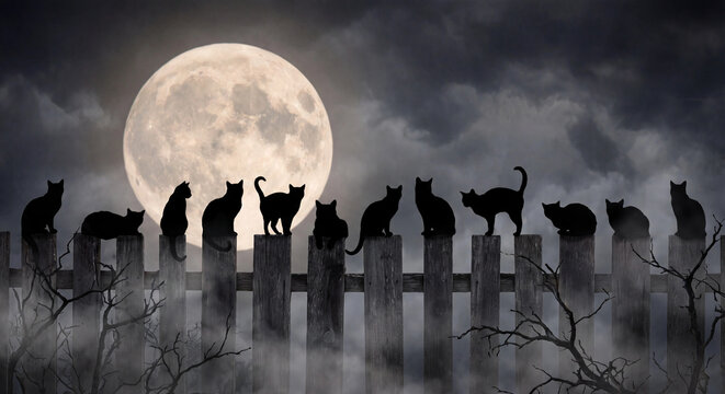 Black cat silhouettes sitting on wooden fence under full moon on foggy Halloween night
